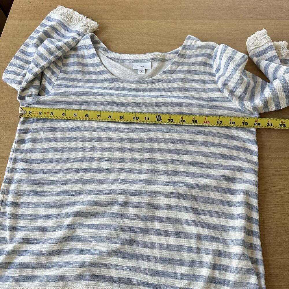J. Jill Tunic Shirt S White Blue Lagenlook Fringe Hem Stripe Coastal 100% Cotton - Picture 10 of 11